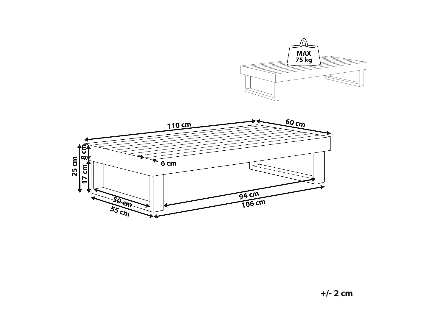 Table basse de jardin MARETTIMO 60 cm 110 cm Bois d'acacia certifié Marron