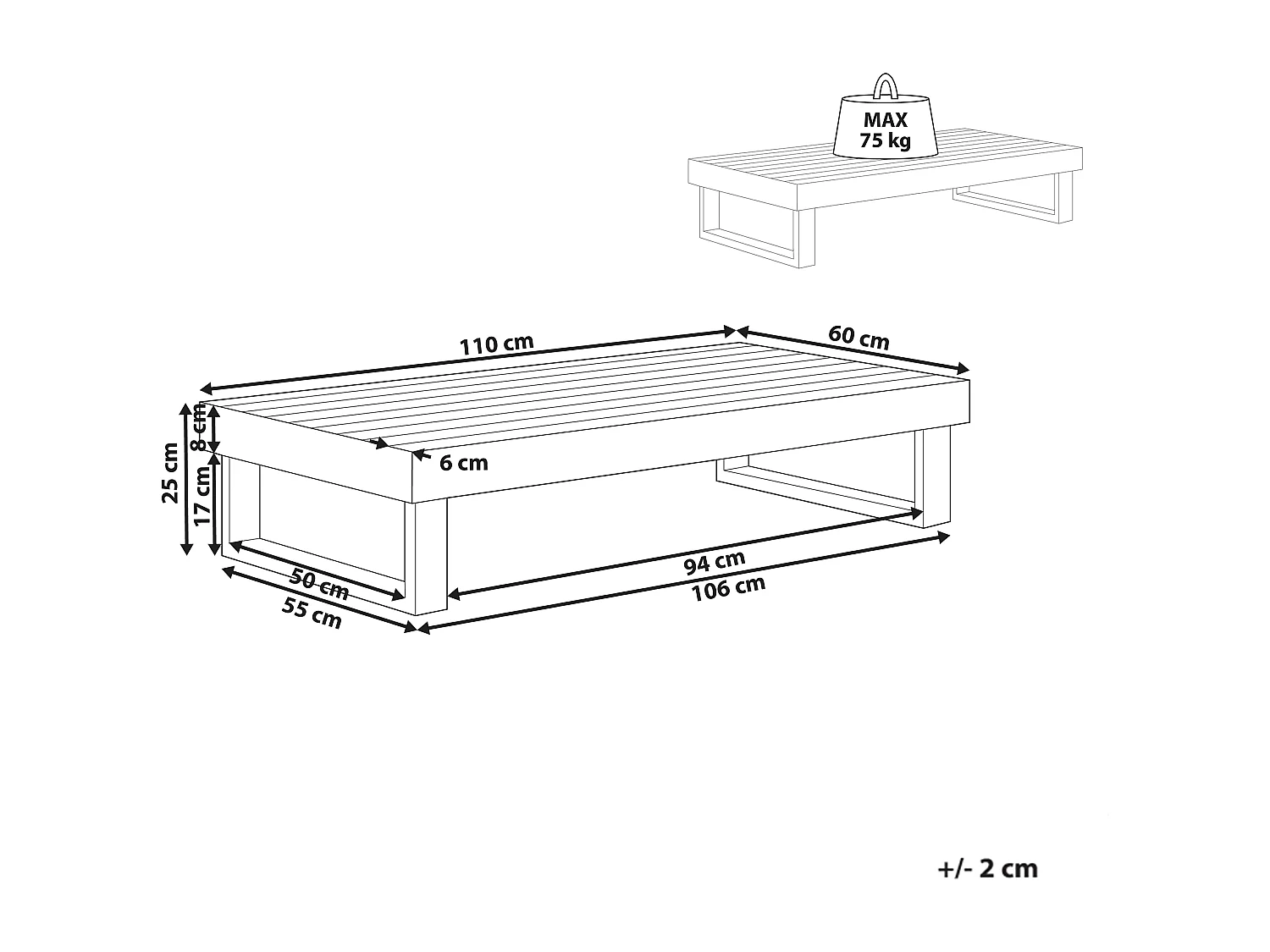 Table basse de jardin MARETTIMO 60 cm 110 cm Bois d'acacia certifié Marron