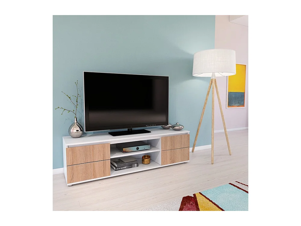 Meuble TV Blanc et Chêne 140x38x40cm CIMI meuble luxueux meuble tv à poser