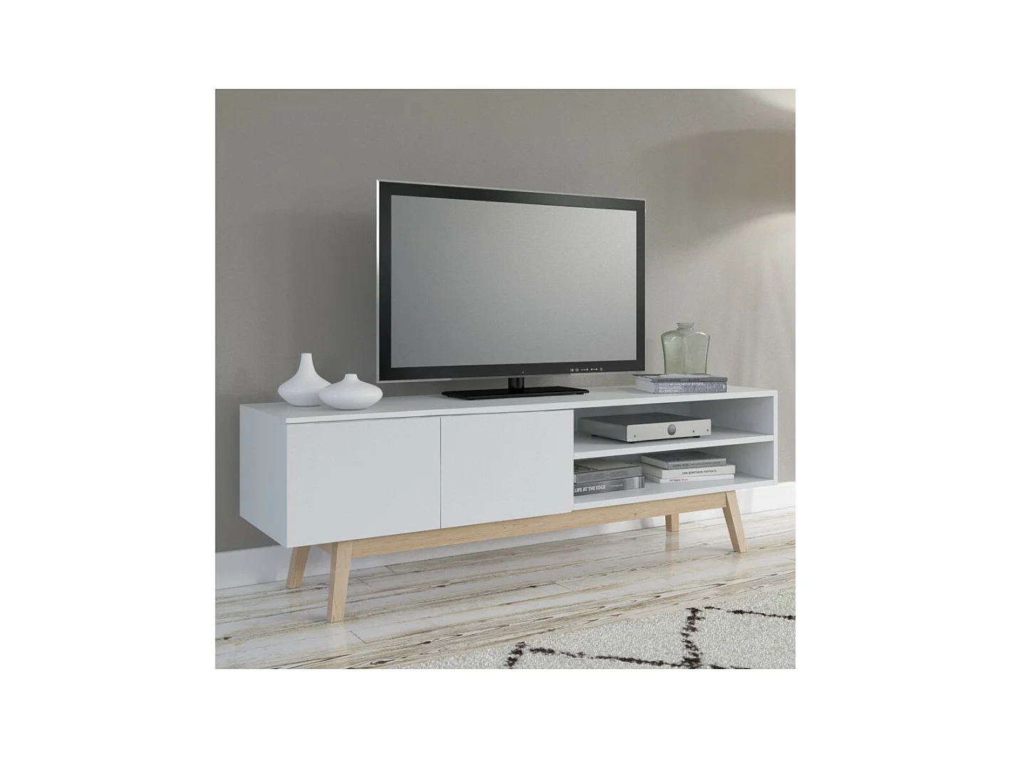 Meuble TV Blanc 160x42x50cm HONA meuble luxueux meuble tv sur pied