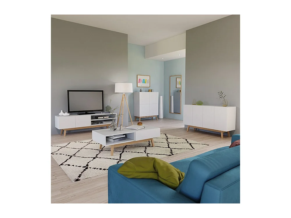 Meuble TV Blanc 160x42x50cm HONA meuble luxueux meuble tv sur pied