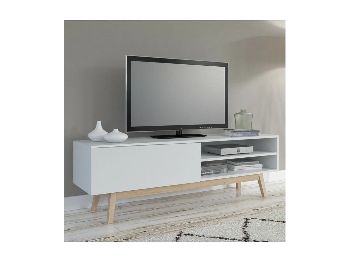 Meuble TV Blanc 160x42x50cm HONA meuble luxueux meuble tv sur pied
