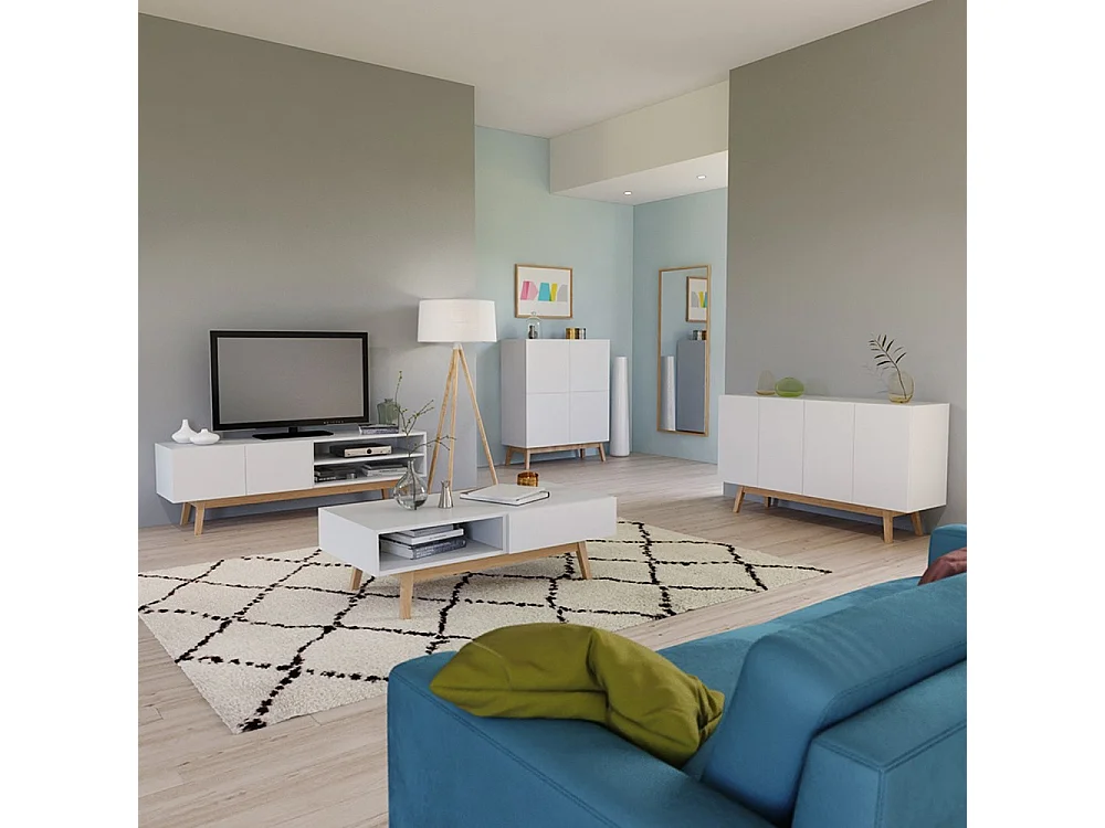 Meuble TV Blanc 160x42x50cm HONA meuble luxueux meuble tv sur pied