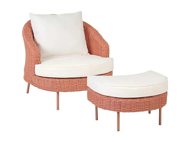 Gartensessel mit Ottomane ARCILLE Polyrattan Pfirsichrosa