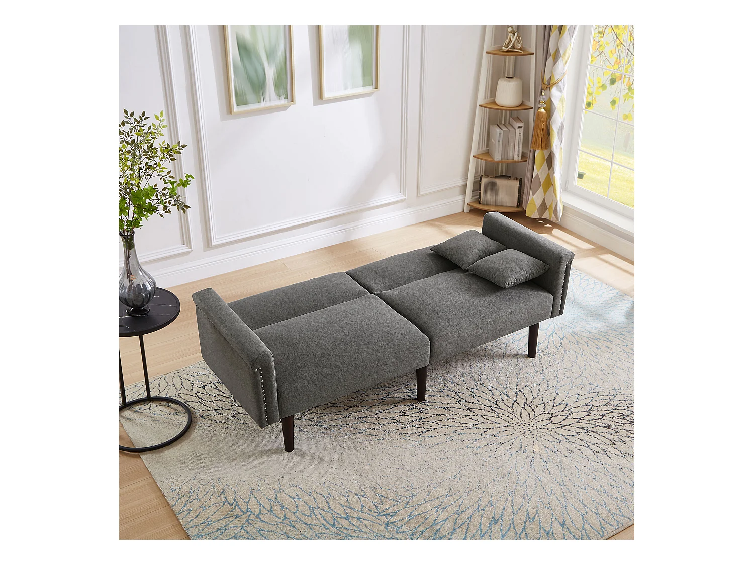Canapé Convertible 2 Places en coton et Lin gris avec Dossier Double Réglable et Pieds en Bois - 176x72x72cm