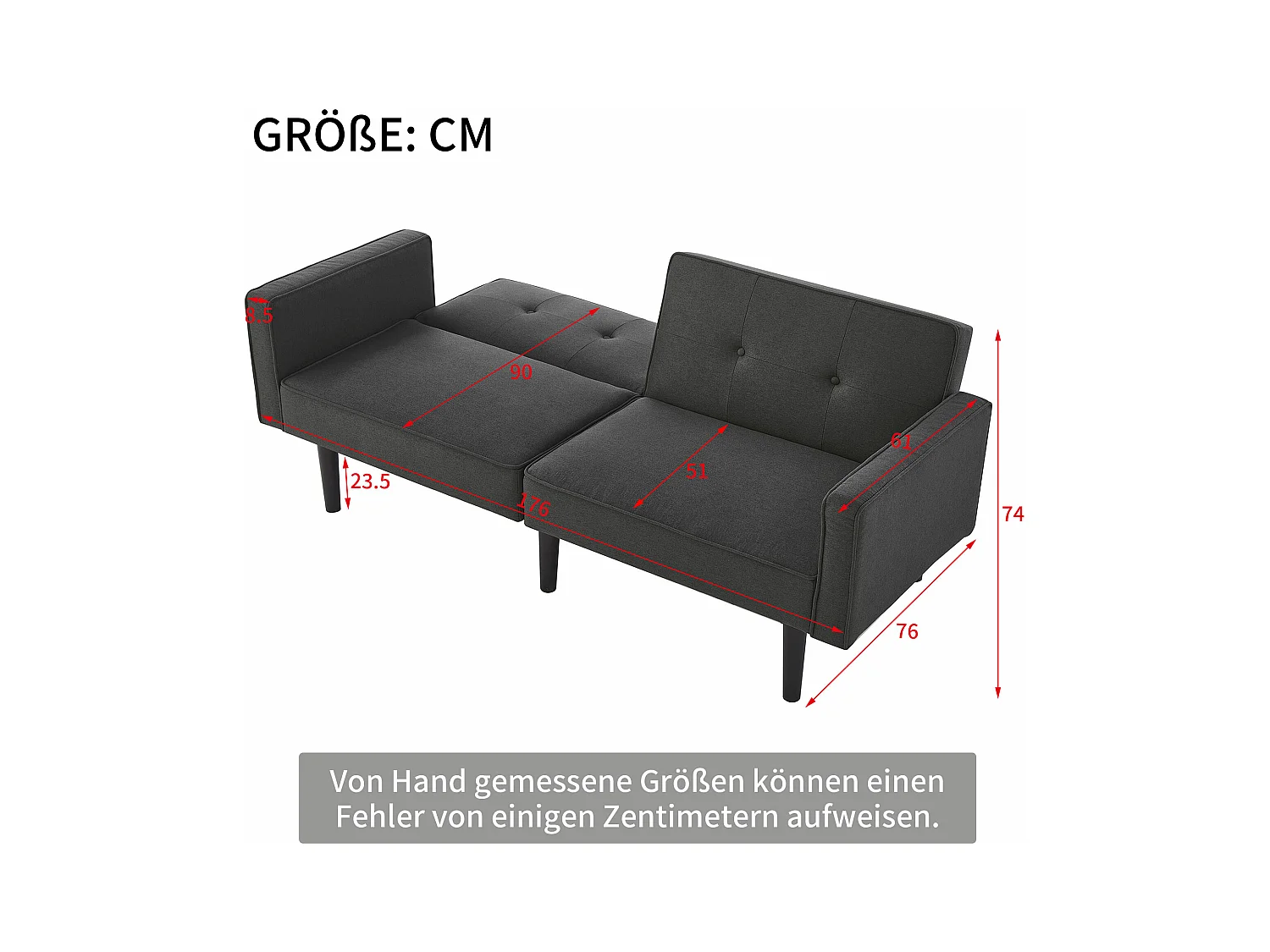 Canapé Convertible 2 places en Tissu Lin Coton noir avec Dossiers Réglables et Pieds Hauts – 176x76x74cm