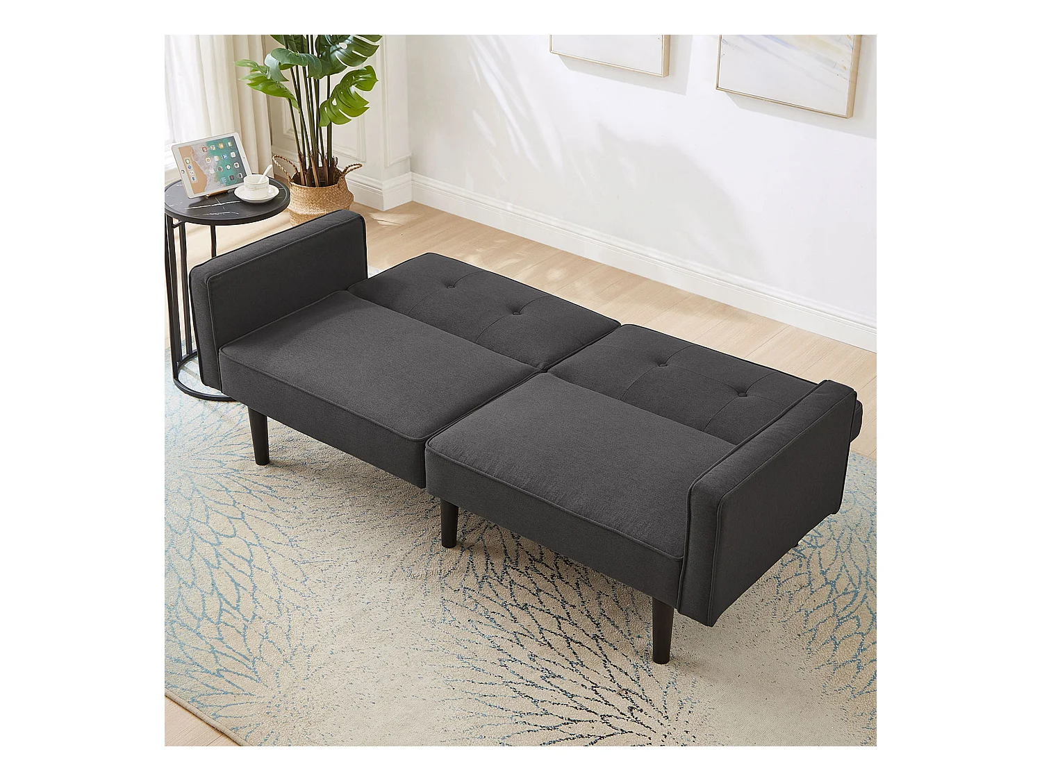 Canapé Convertible 2 places en Tissu Lin Coton noir avec Dossiers Réglables et Pieds Hauts – 176x76x74cm