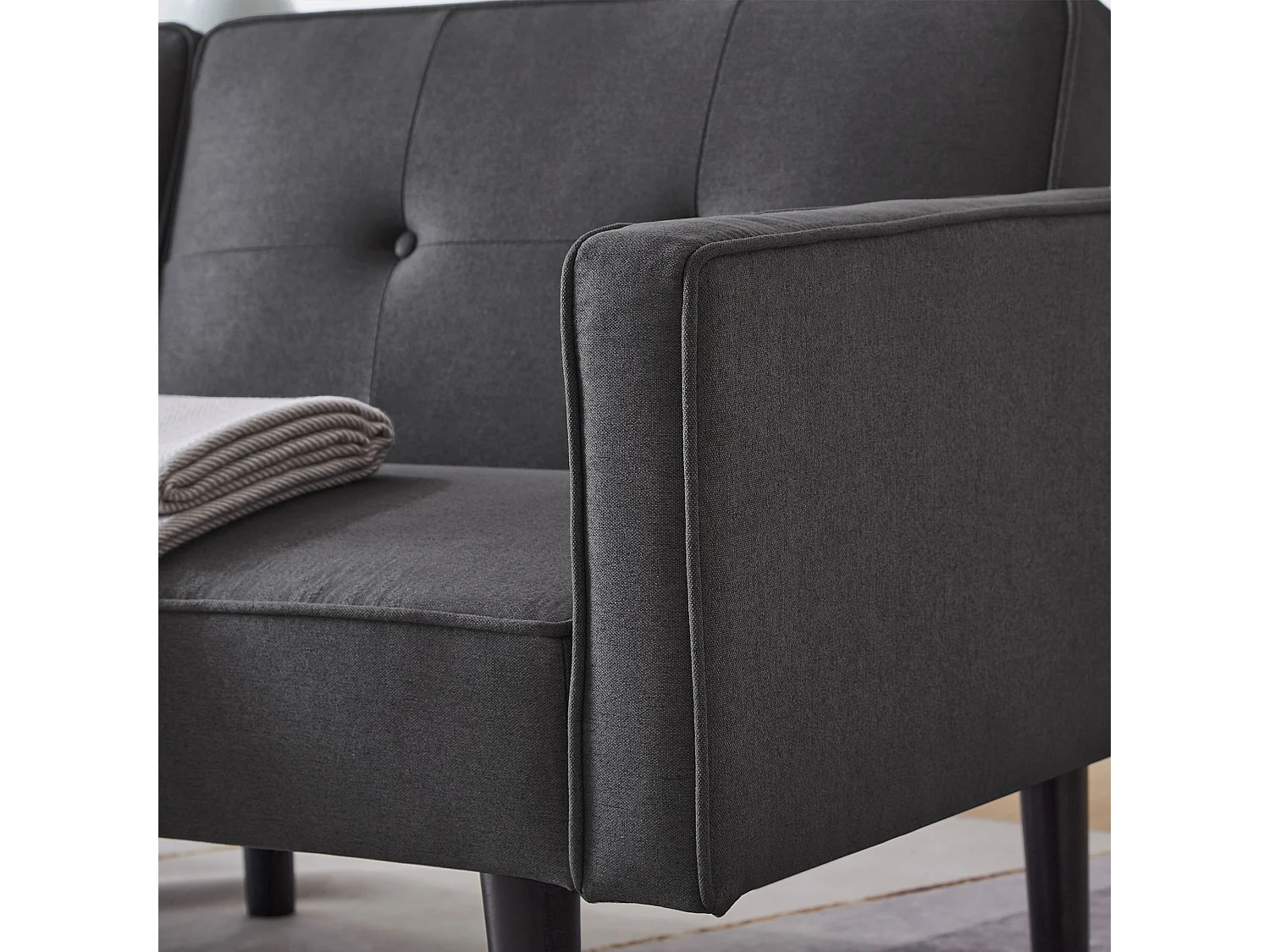 Canapé Convertible 2 places en Tissu Lin Coton noir avec Dossiers Réglables et Pieds Hauts – 176x76x74cm