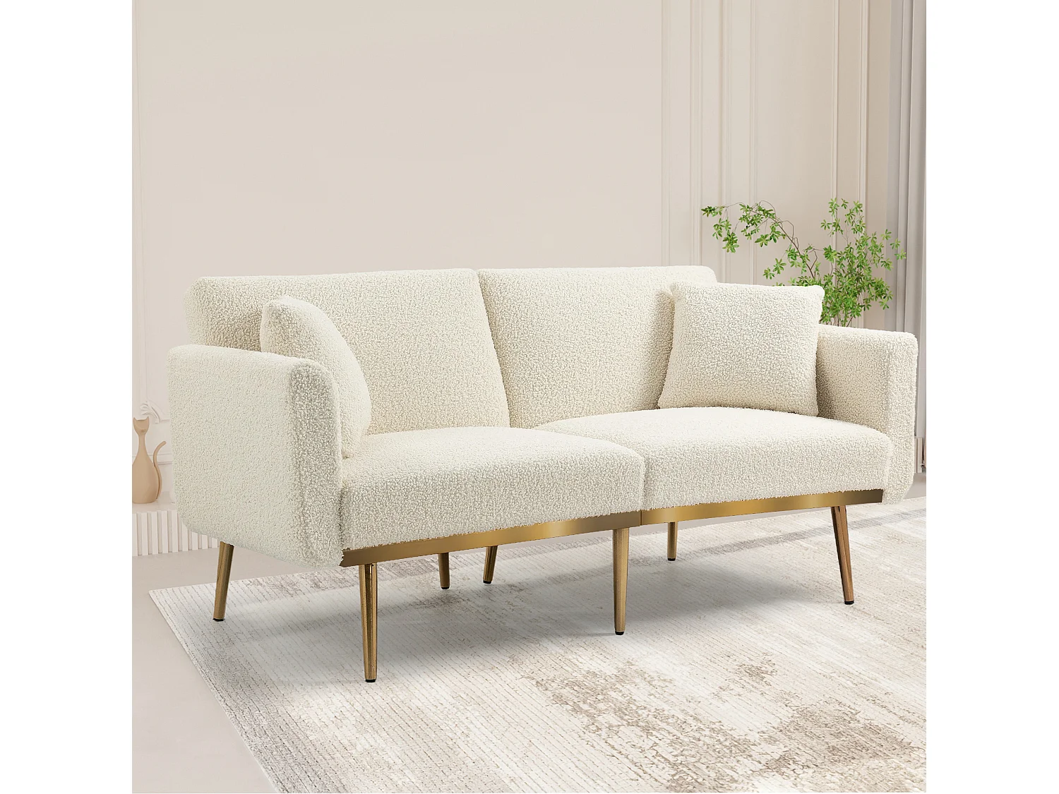 Canapé convertible en tissu teddy blanc 2 places avec dossier réglable et pieds en métal - 161.97x79.98x77.97cm