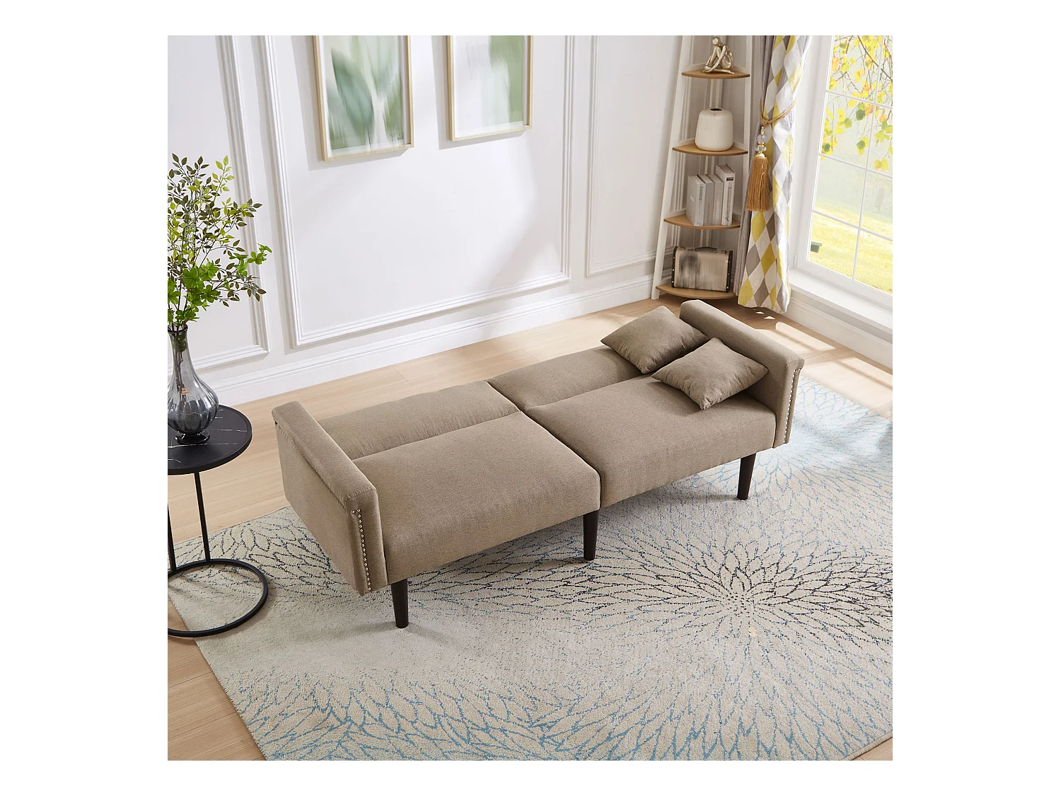 Canapé Convertible 2 Places en coton et Lin marron avec Dossier Double Réglable et Pieds en Bois - 176x72x72cm