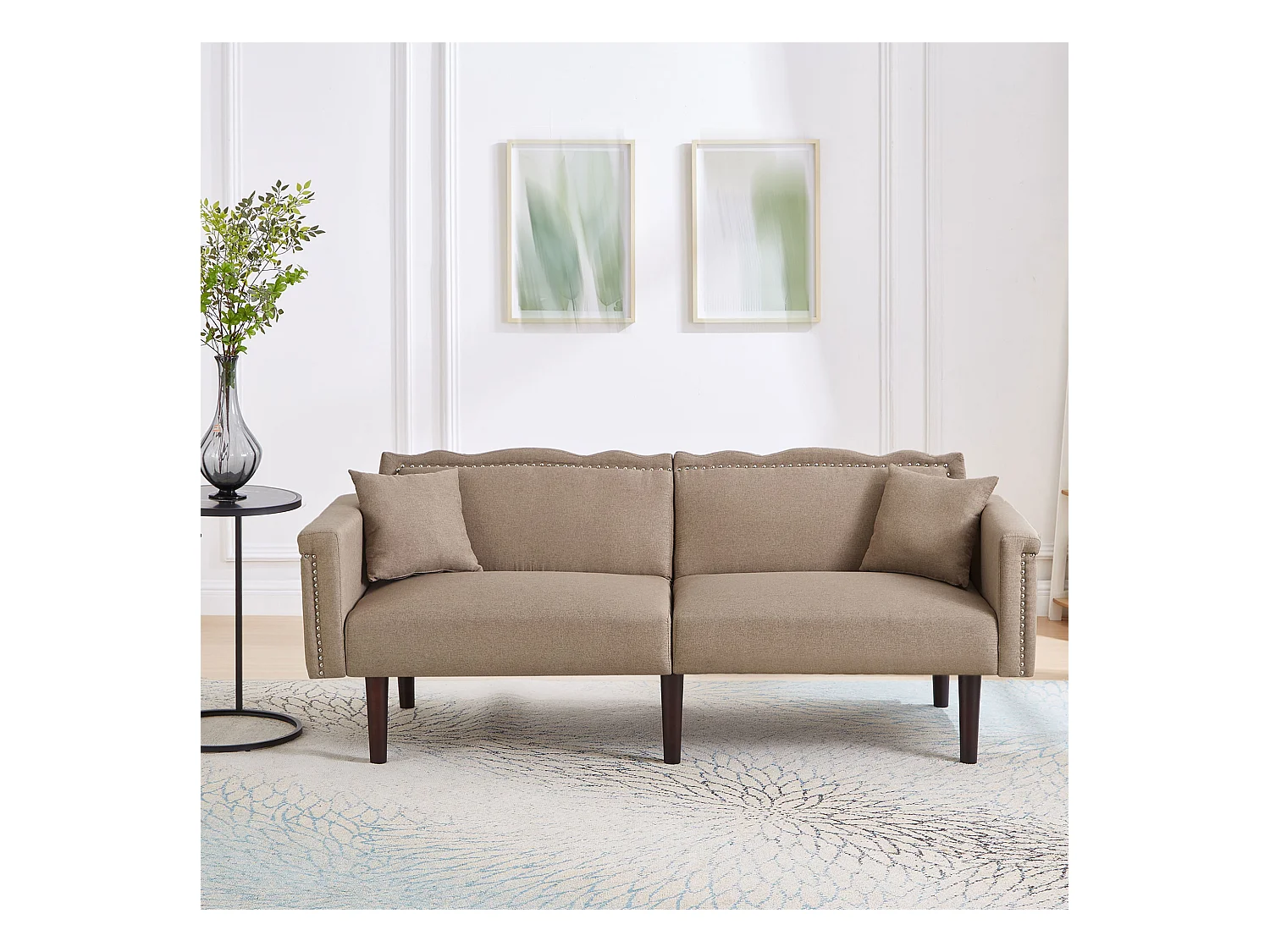 Canapé Convertible 2 Places en coton et Lin marron avec Dossier Double Réglable et Pieds en Bois - 176x72x72cm