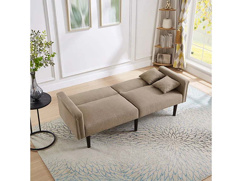 Canapé Convertible 2 Places en coton et Lin marron avec Dossier Double Réglable et Pieds en Bois - 176x72x72cm