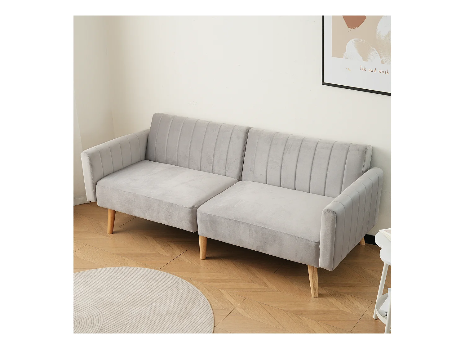 Canapé convertible gris clair 2 places avec mousse haute densité et pieds en bois écologique - 178x75x68cm