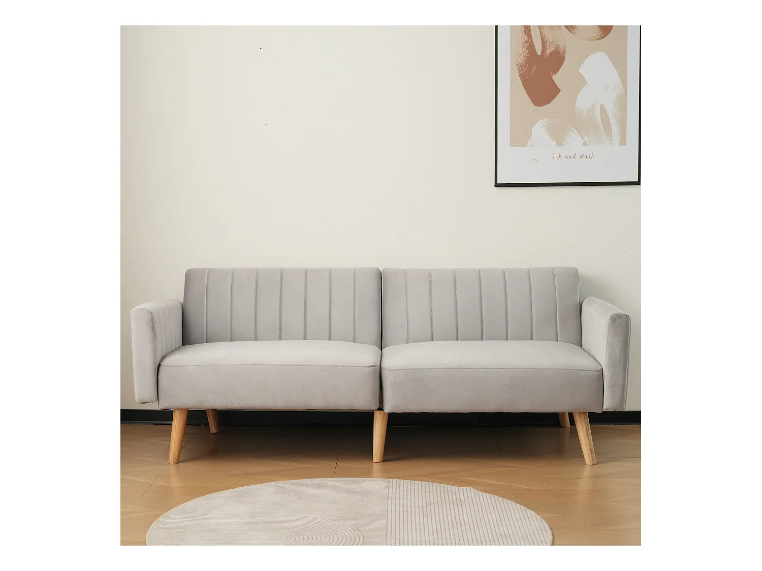 Canapé convertible gris clair 2 places avec mousse haute densité et pieds en bois écologique - 178x75x68cm