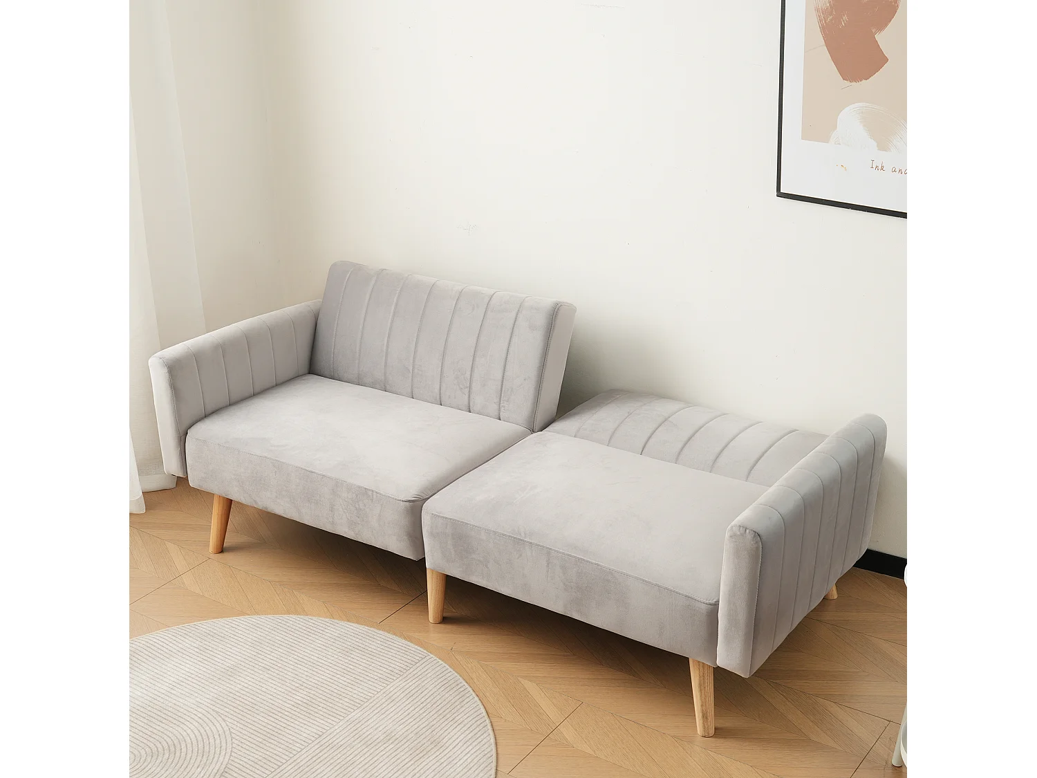 Canapé convertible gris clair 2 places avec mousse haute densité et pieds en bois écologique - 178x75x68cm