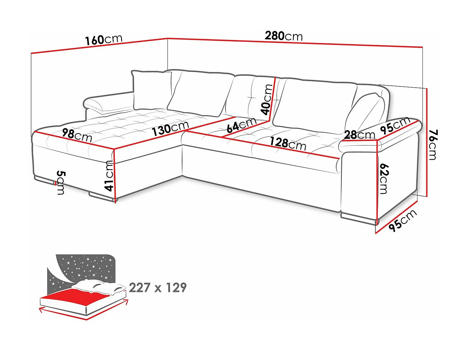Sofá rinconero Comfivo 107, Verde, Función de descanso, Almacenaje, 280x160x76cm