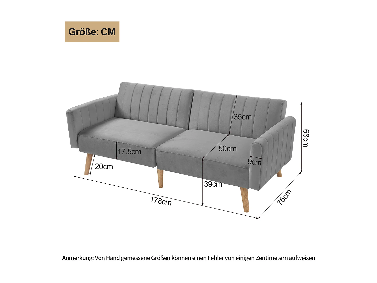 Canapé convertible gris 2 places avec mousse haute densité et pieds en bois écologique - 178x75x68cm