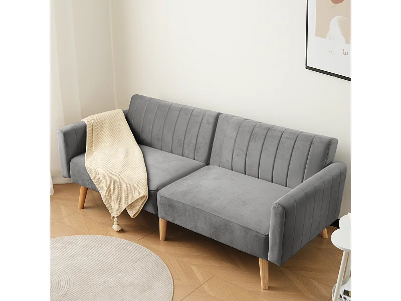 Canapé convertible gris 2 places avec mousse haute densité et pieds en bois écologique - 178x75x68cm