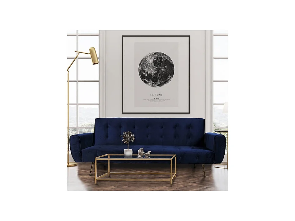 Canapé convertible 3 places velours bleu 210x79x80cm OLUN