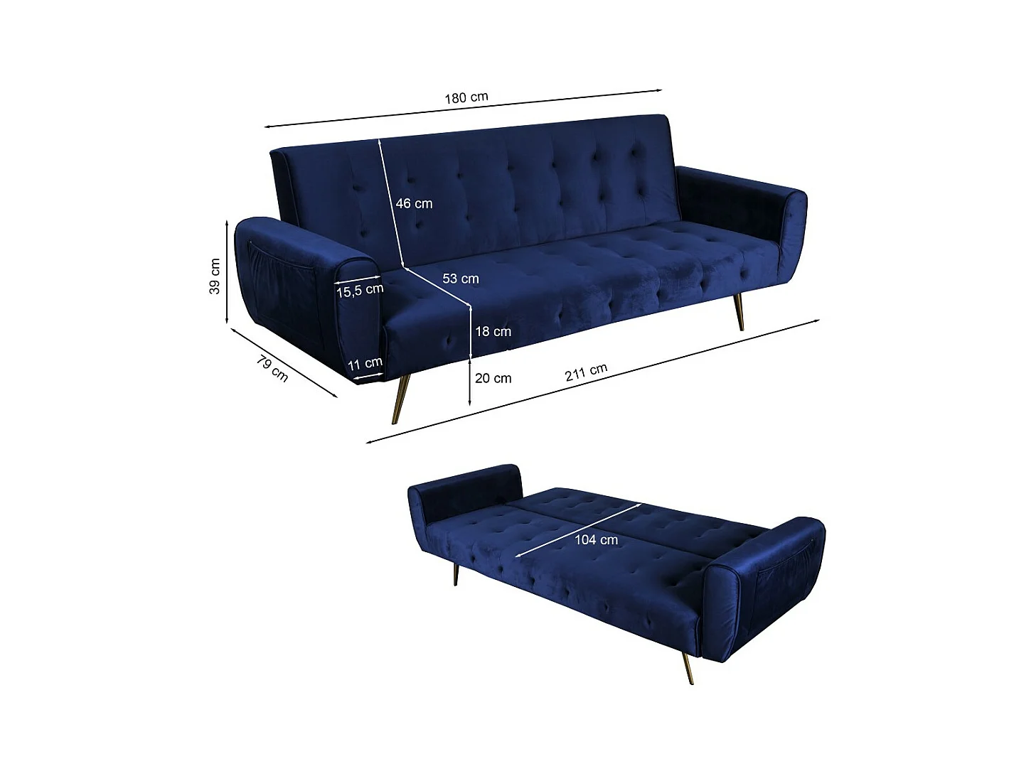 Canapé convertible 3 places velours bleu 210x79x80cm OLUN