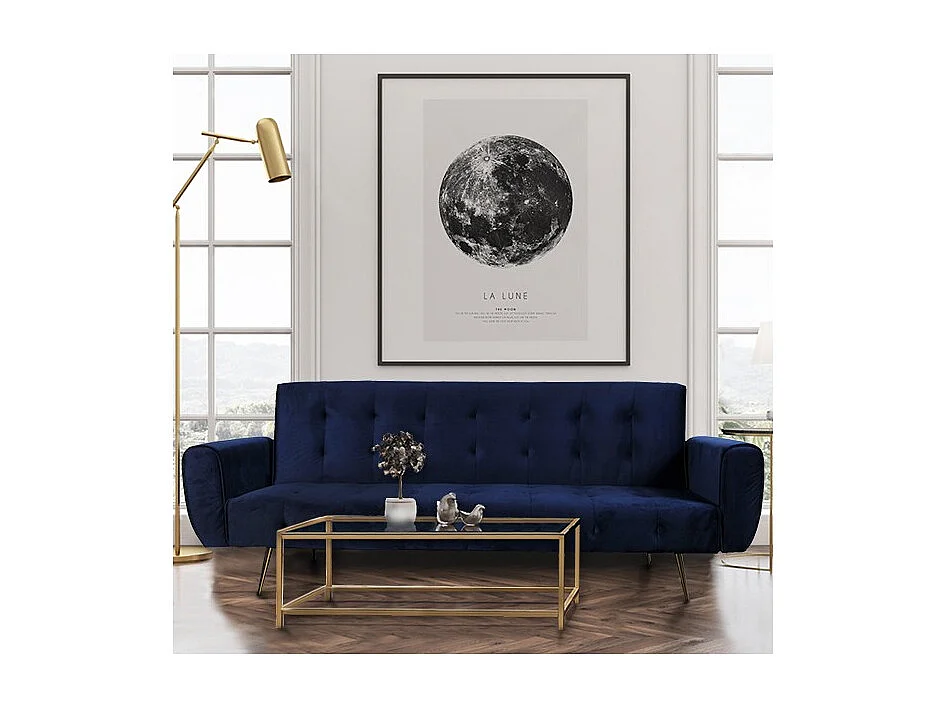 Canapé convertible 3 places velours bleu 210x79x80cm OLUN