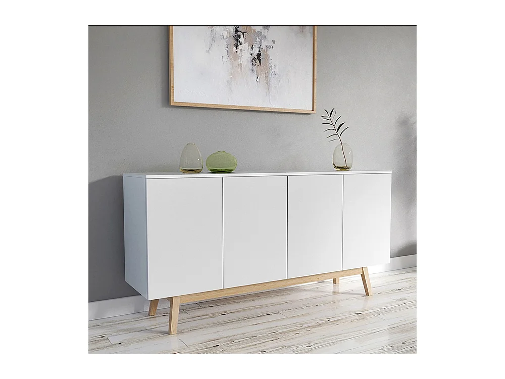 Commode de rangement Meuble universel HONA 160x42x80cm Blanc 2tiroirs intérieurs