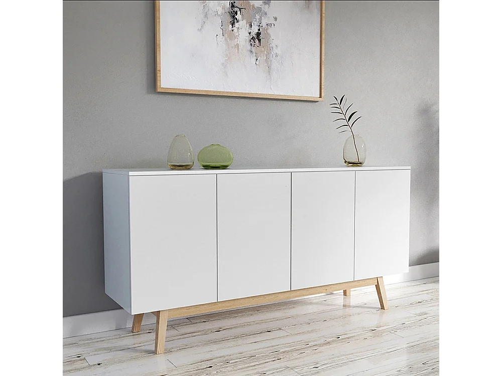 Commode de rangement Meuble universel HONA 160x42x80cm Blanc 2tiroirs intérieurs