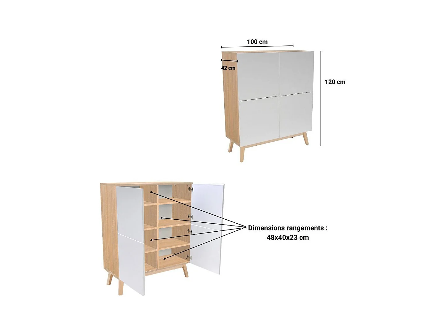 Commode de rangement Meuble universel 100x42x120cm Blanc et chêne avec 4 portes HONA