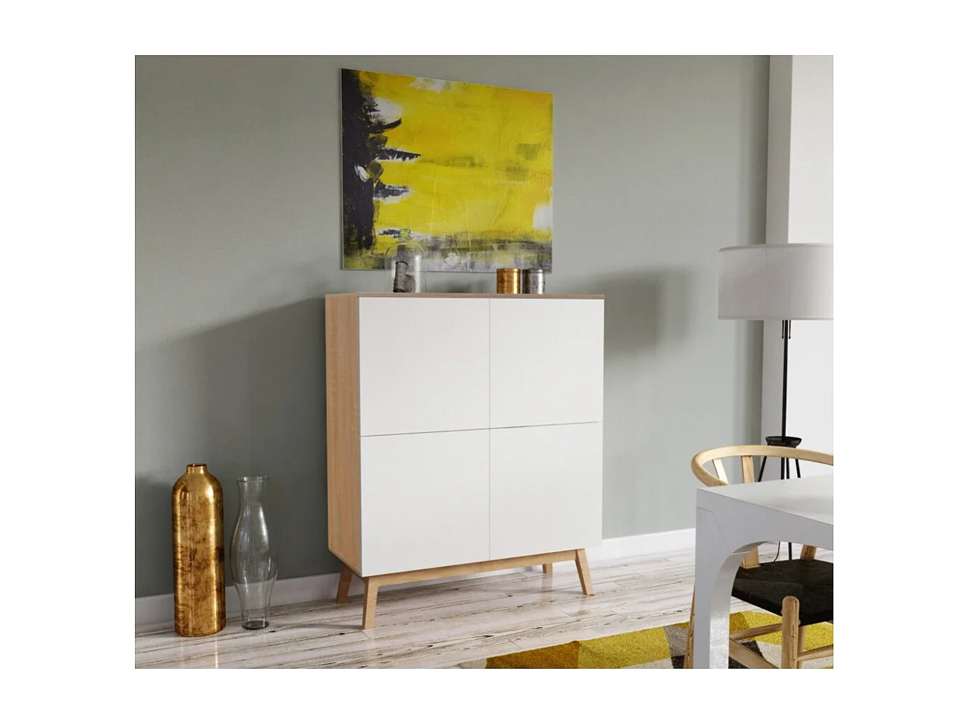 Commode de rangement Meuble universel 100x42x120cm Blanc et chêne avec 4 portes HONA