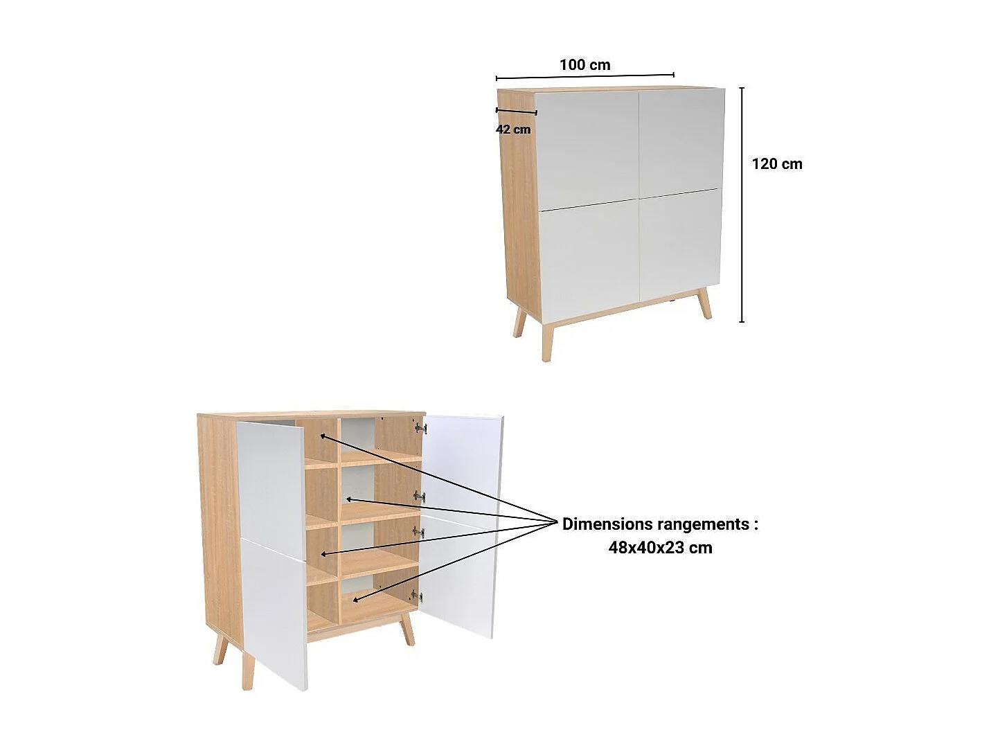 Commode de rangement Meuble universel 100x42x120cm Blanc et chêne avec 4 portes HONA