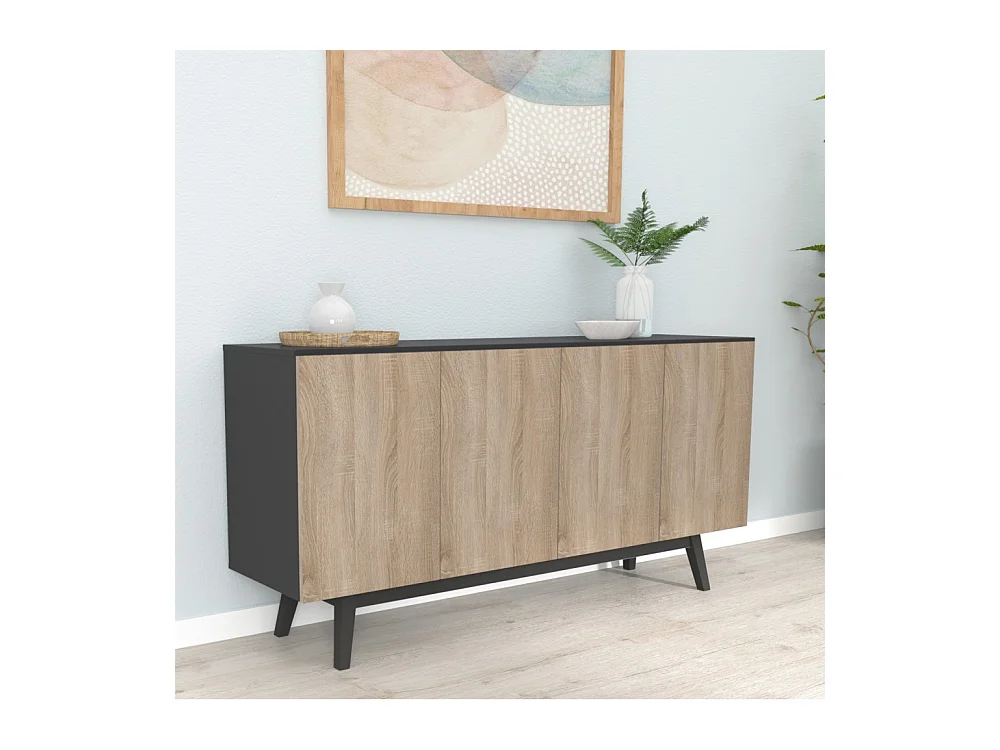 Commode de rangement Meuble universel HONA 160x42x80cm Noir et Chêne 2tiroirs intérieurs