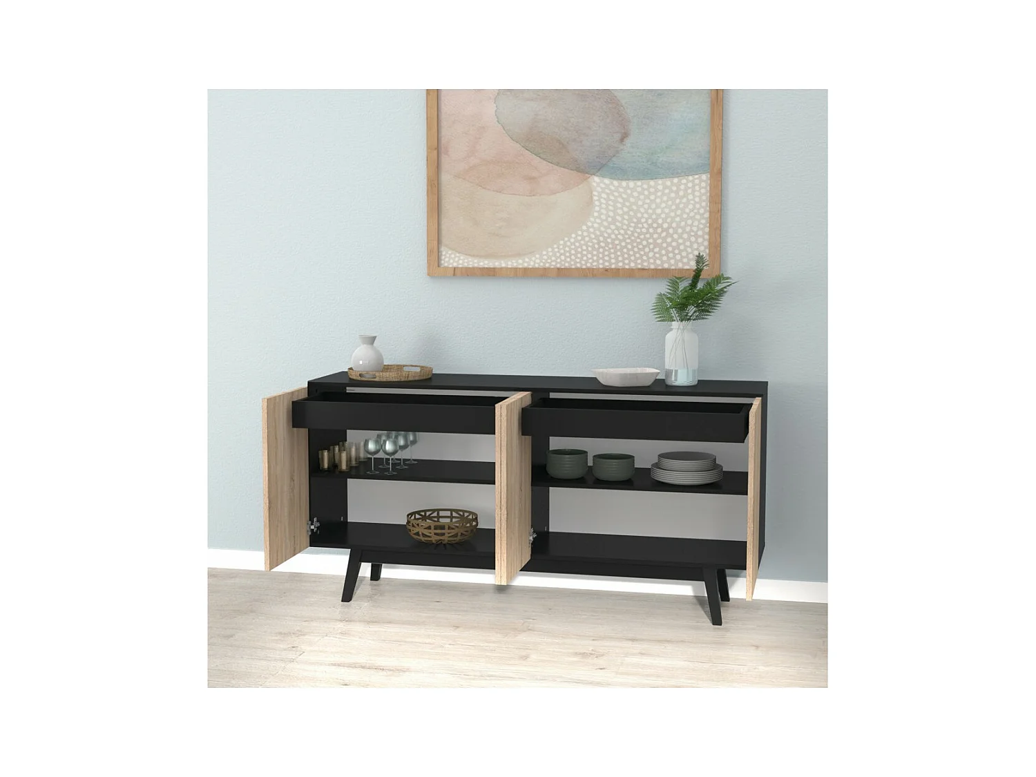 Commode de rangement Meuble universel HONA 160x42x80cm Noir et Chêne 2tiroirs intérieurs