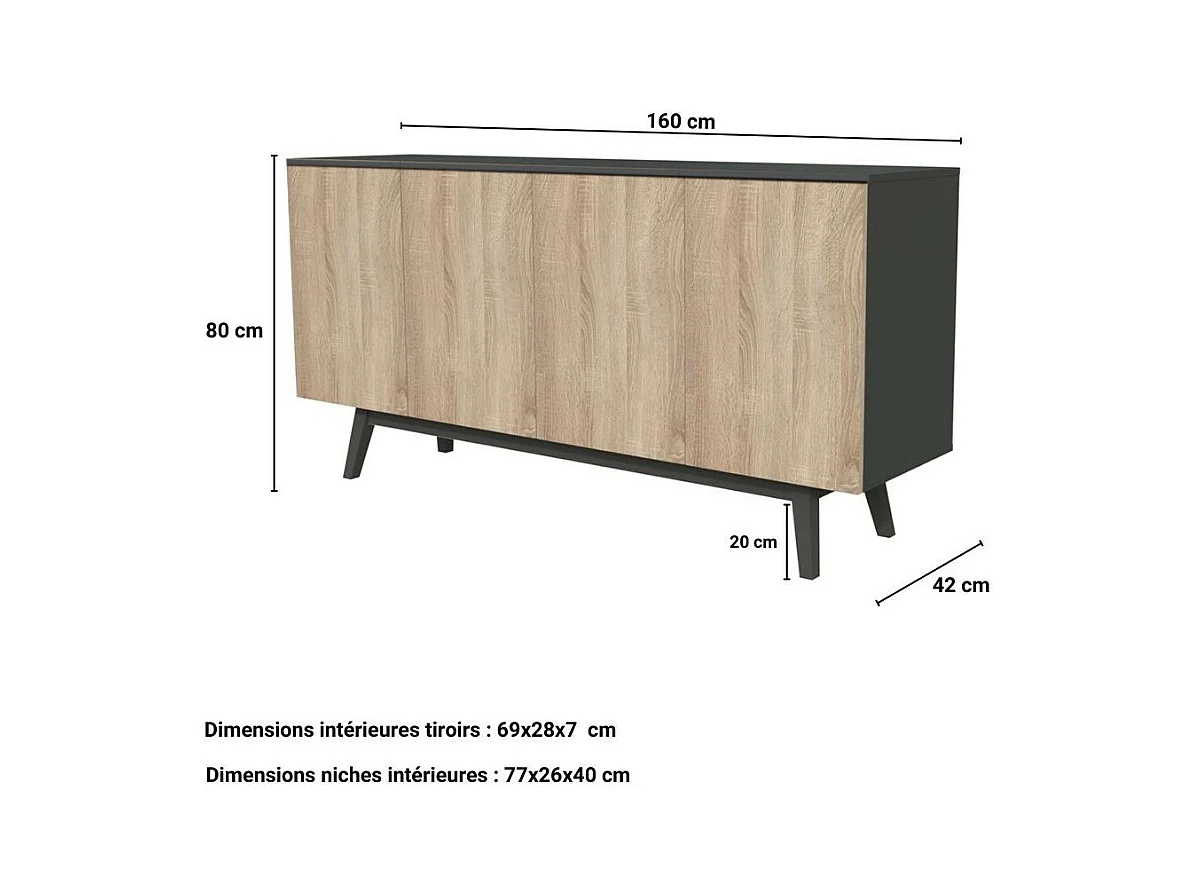 Commode de rangement Meuble universel HONA 160x42x80cm Noir et Chêne 2tiroirs intérieurs