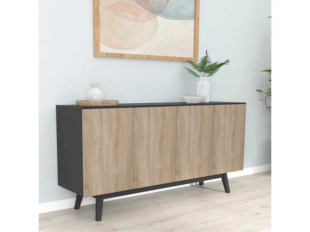 Commode de rangement Meuble universel HONA 160x42x80cm Noir et Chêne 2tiroirs intérieurs