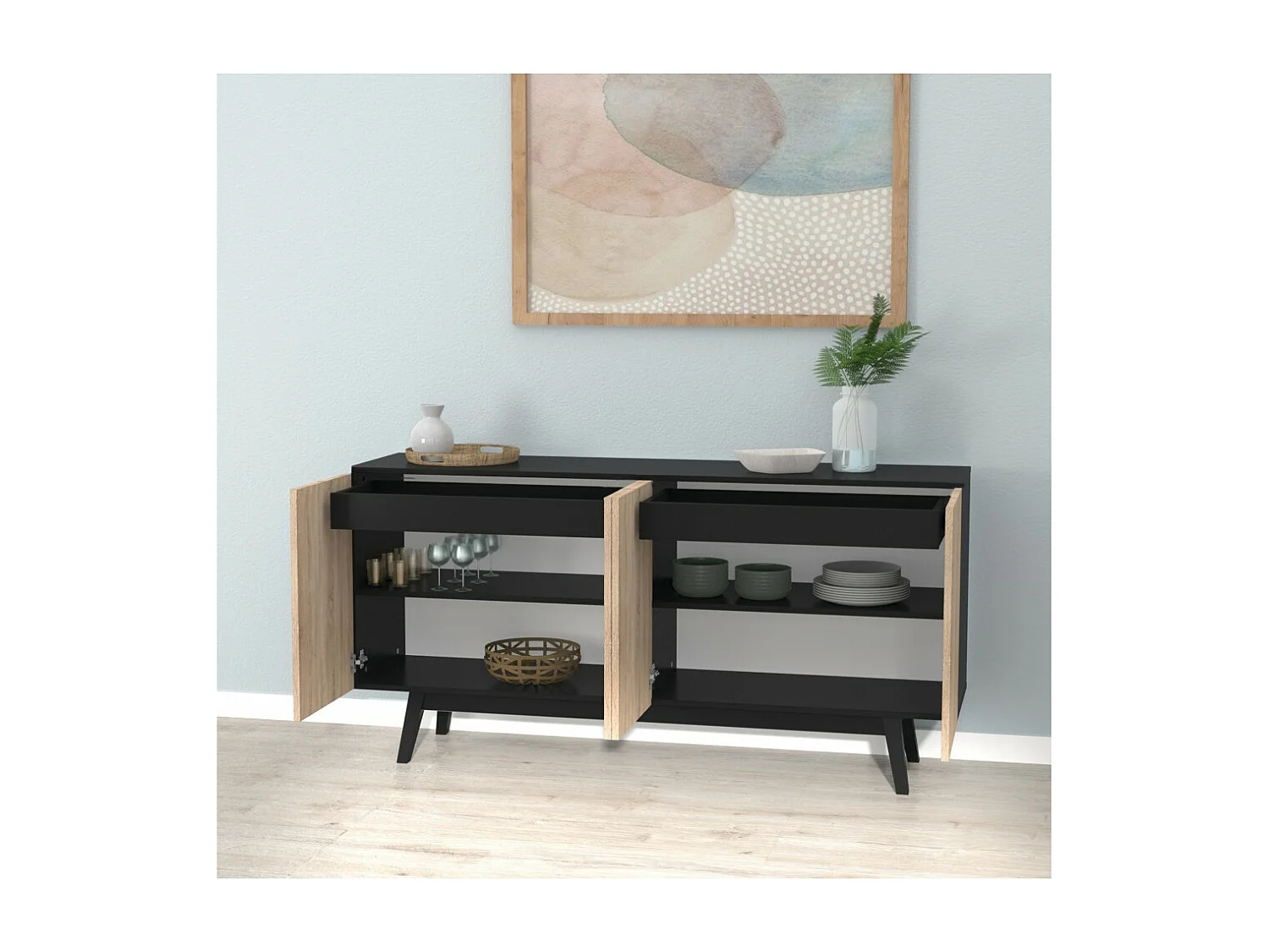 Commode de rangement Meuble universel HONA 160x42x80cm Noir et Chêne 2tiroirs intérieurs