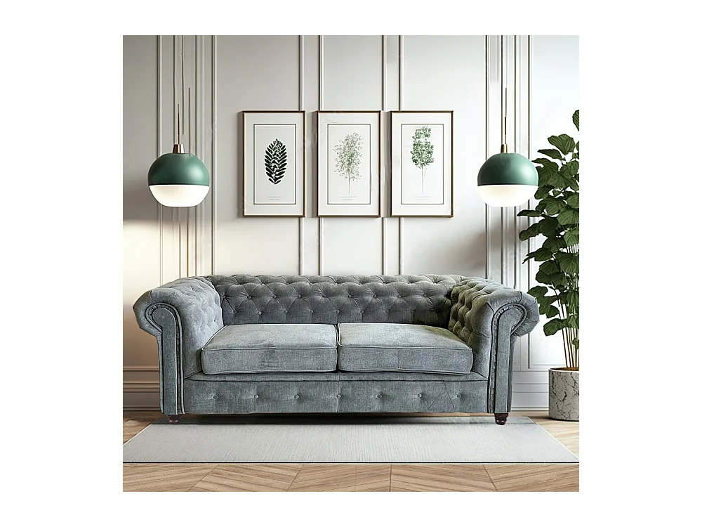 Canapé 3 places Gri clair revêtement effet cuir capitonné 213x85x72cm FEILD