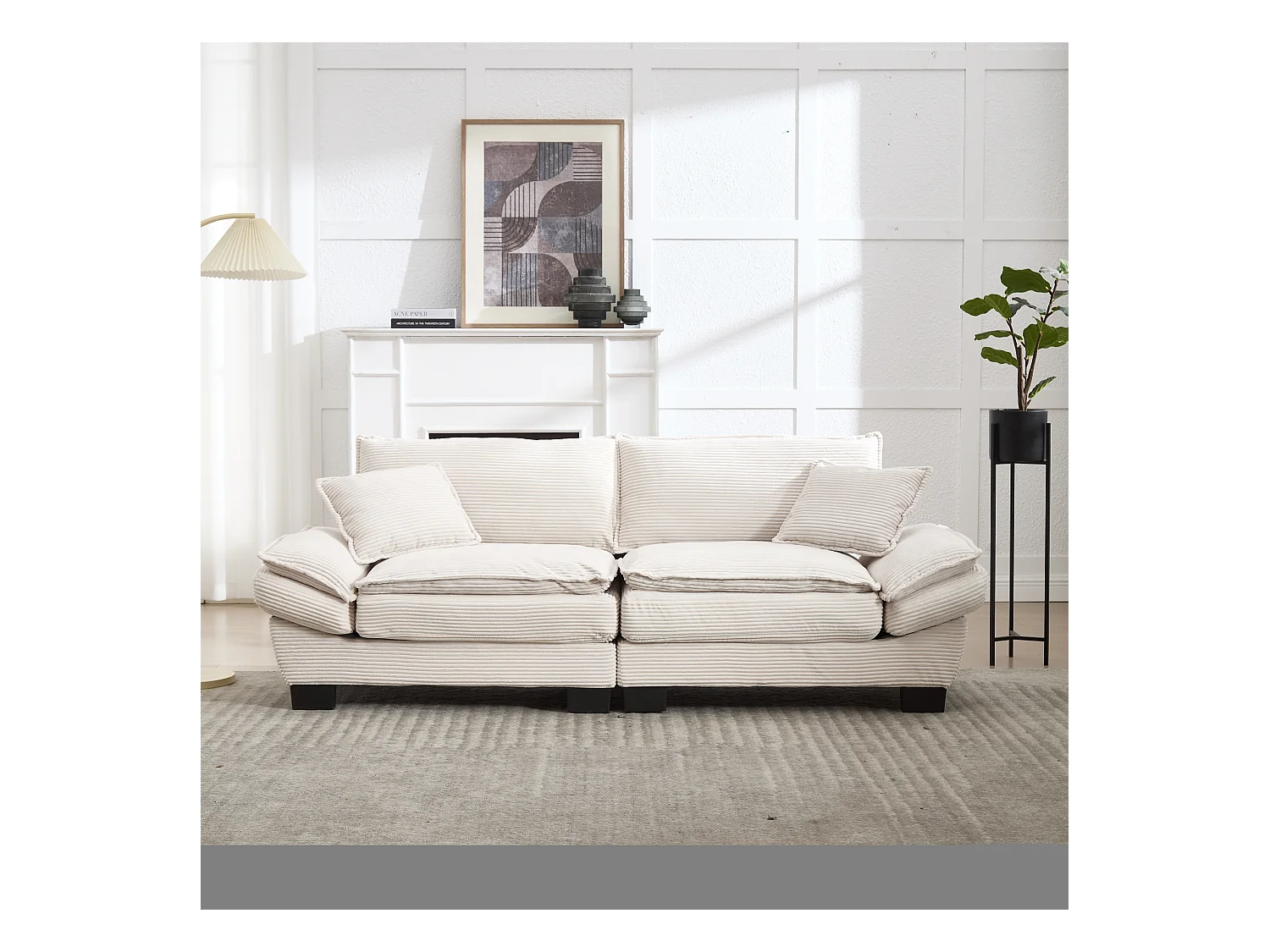 Canapé fixe 2 places en velours beige ultra-profond – assise moelleuse et accoudoirs rembourrés - 224x81x81cm