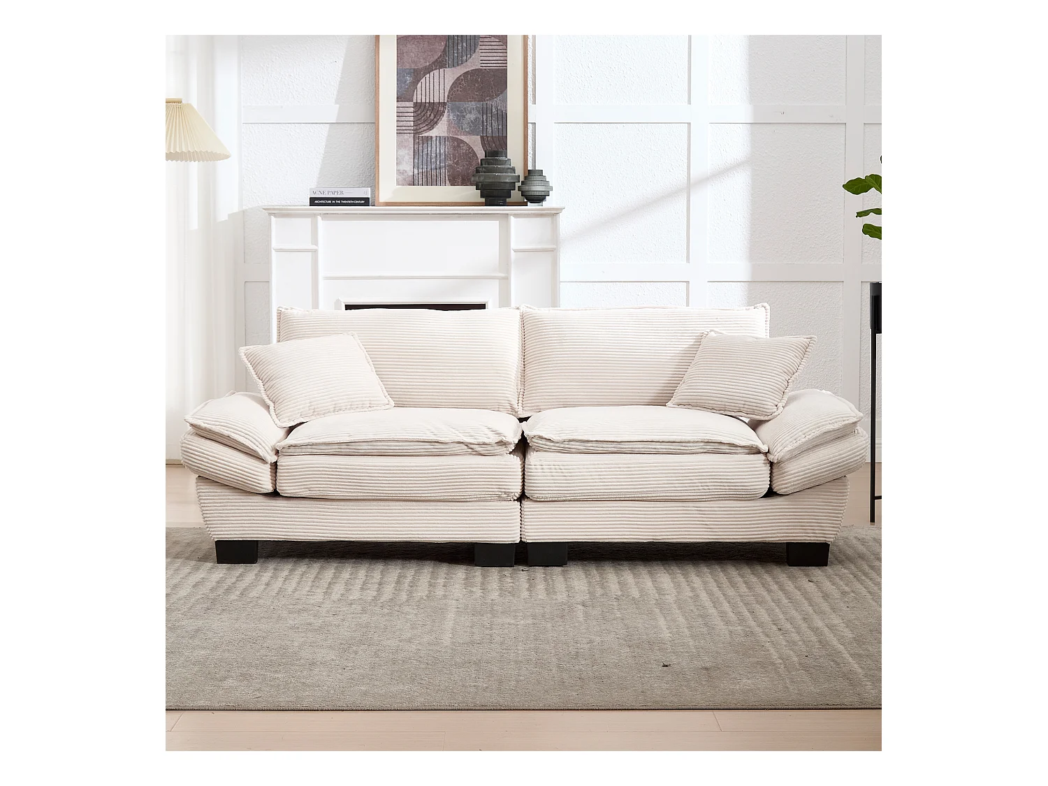 Canapé fixe 2 places en velours beige ultra-profond – assise moelleuse et accoudoirs rembourrés - 224x81x81cm