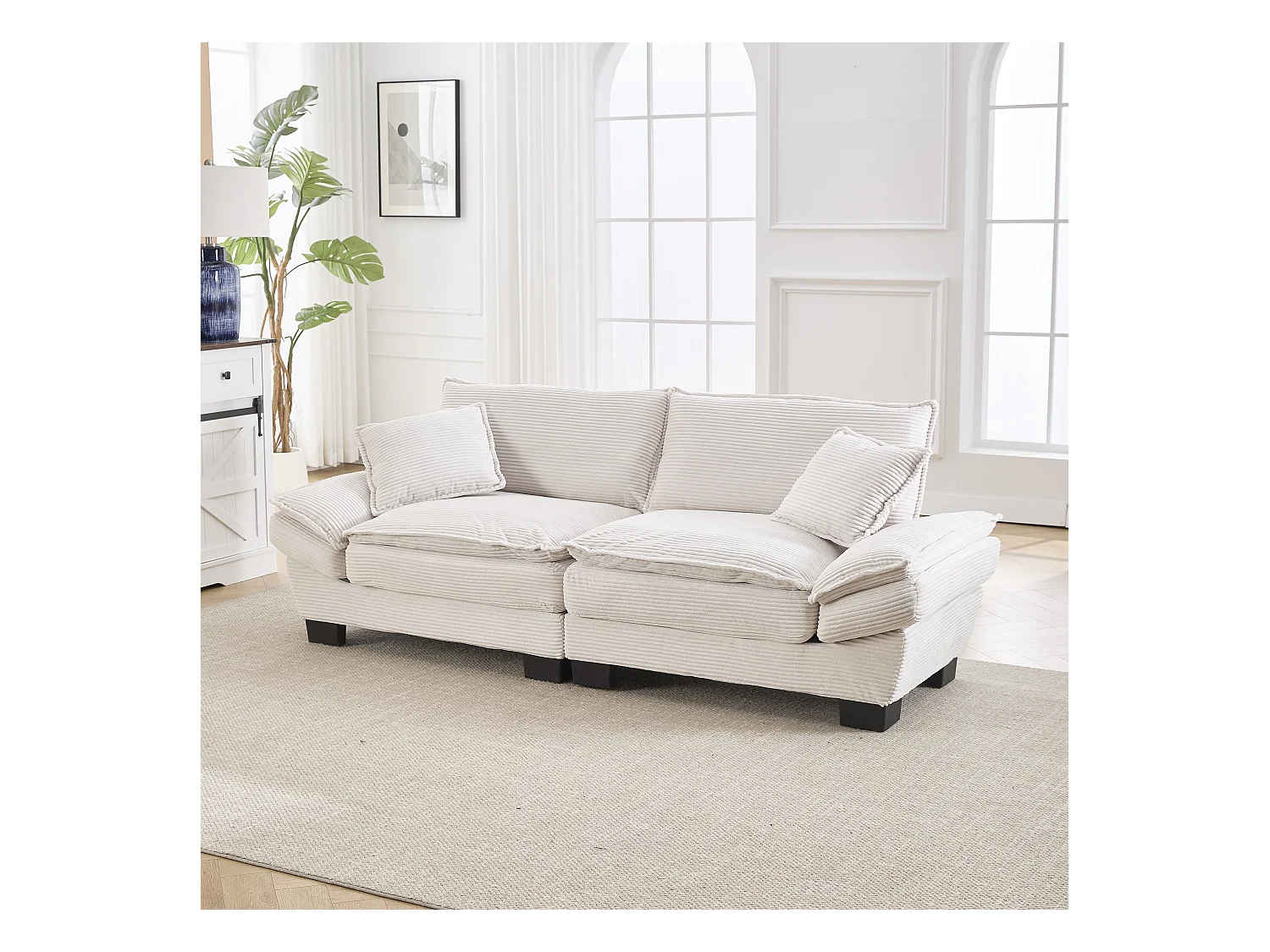 Canapé fixe 2 places en velours beige ultra-profond – assise moelleuse et accoudoirs rembourrés - 224x81x81cm