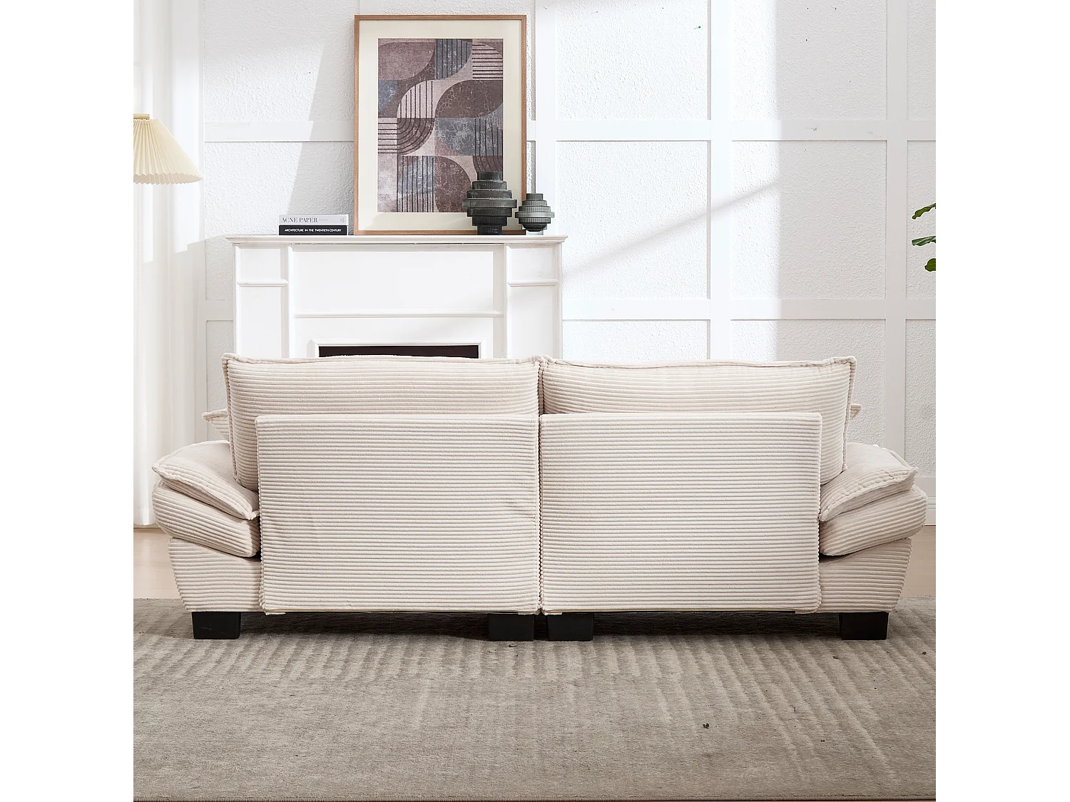 Canapé fixe 2 places en velours beige ultra-profond – assise moelleuse et accoudoirs rembourrés - 224x81x81cm