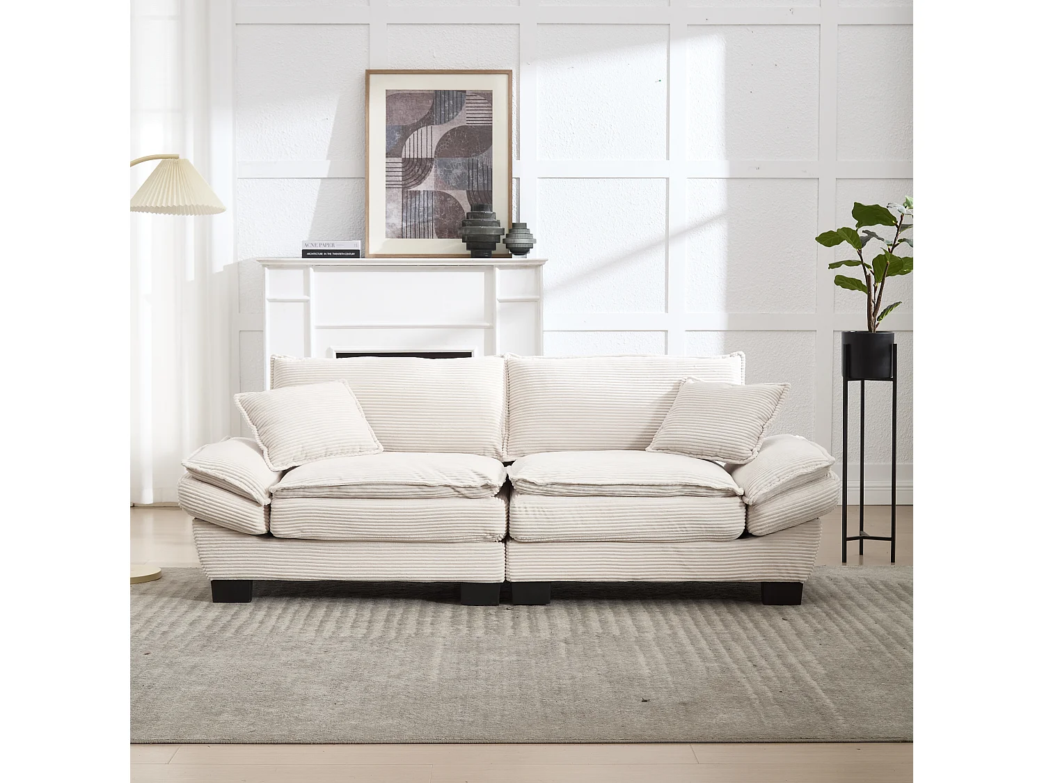 Canapé fixe 2 places en velours beige ultra-profond – assise moelleuse et accoudoirs rembourrés - 224x81x81cm