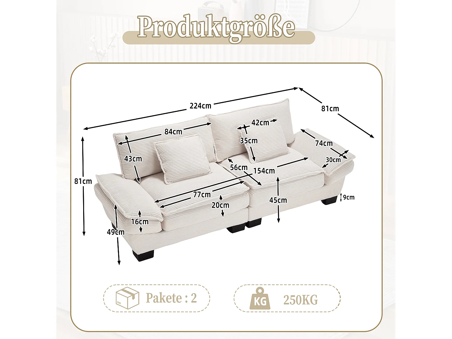 Canapé fixe 2 places en velours beige ultra-profond – assise moelleuse et accoudoirs rembourrés - 224x81x81cm