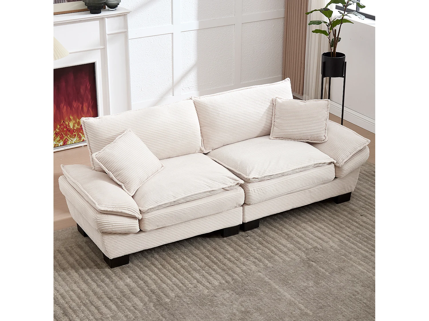 Canapé fixe 2 places en velours beige ultra-profond – assise moelleuse et accoudoirs rembourrés - 224x81x81cm