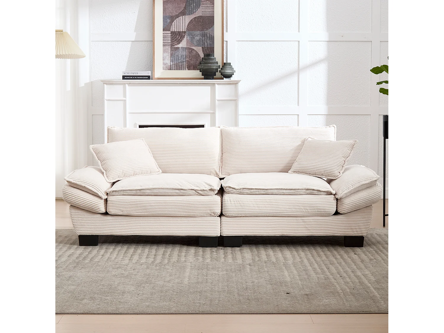 Canapé fixe 2 places en velours beige ultra-profond – assise moelleuse et accoudoirs rembourrés - 224x81x81cm