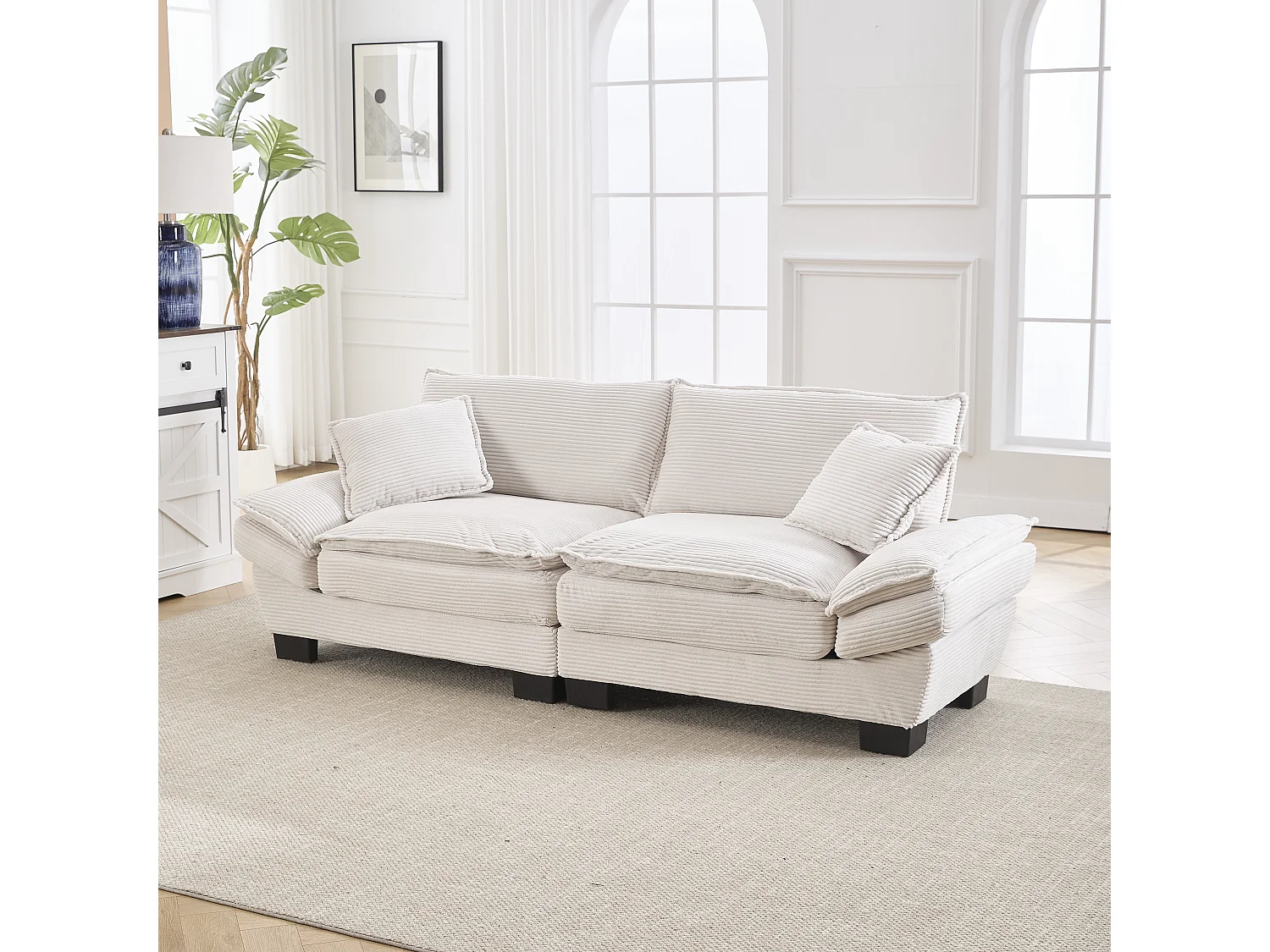 Canapé fixe 2 places en velours beige ultra-profond – assise moelleuse et accoudoirs rembourrés - 224x81x81cm