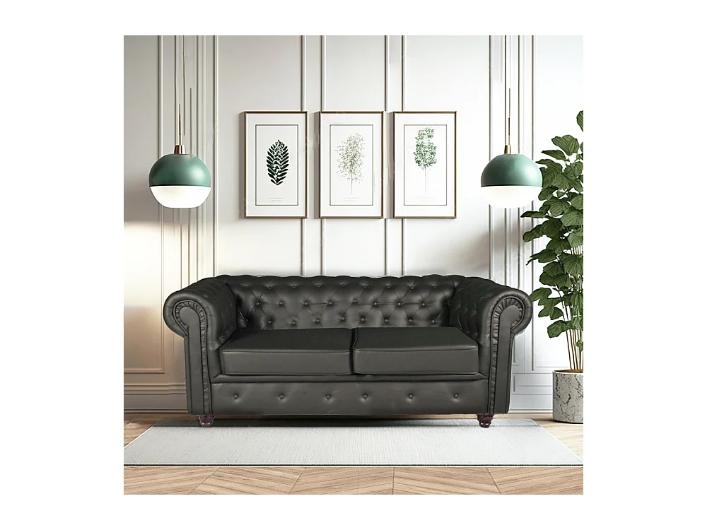 Canapé 2 places Noir revêtement effet cuir capitonné 183x85x72cm FEILD