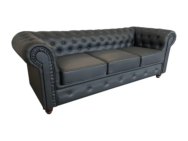 Canapé 3 places Noir revêtement effet cuir capitonné 213x85x72cm FEILD