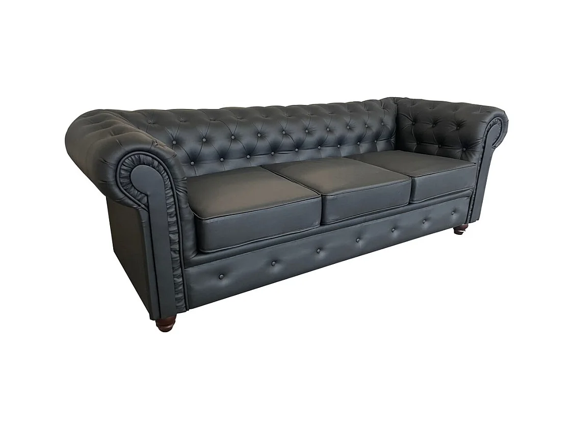 Canapé 3 places Noir revêtement effet cuir capitonné 213x85x72cm FEILD