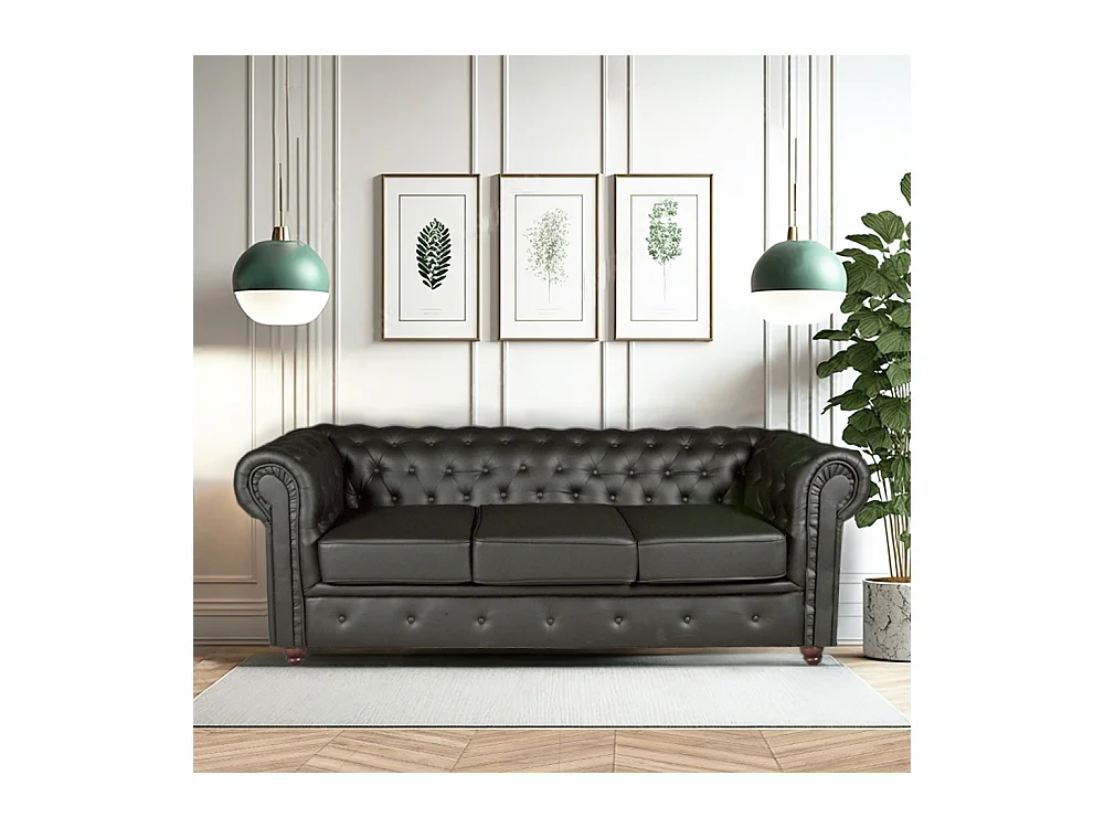 Canapé 3 places Noir revêtement effet cuir capitonné 213x85x72cm FEILD