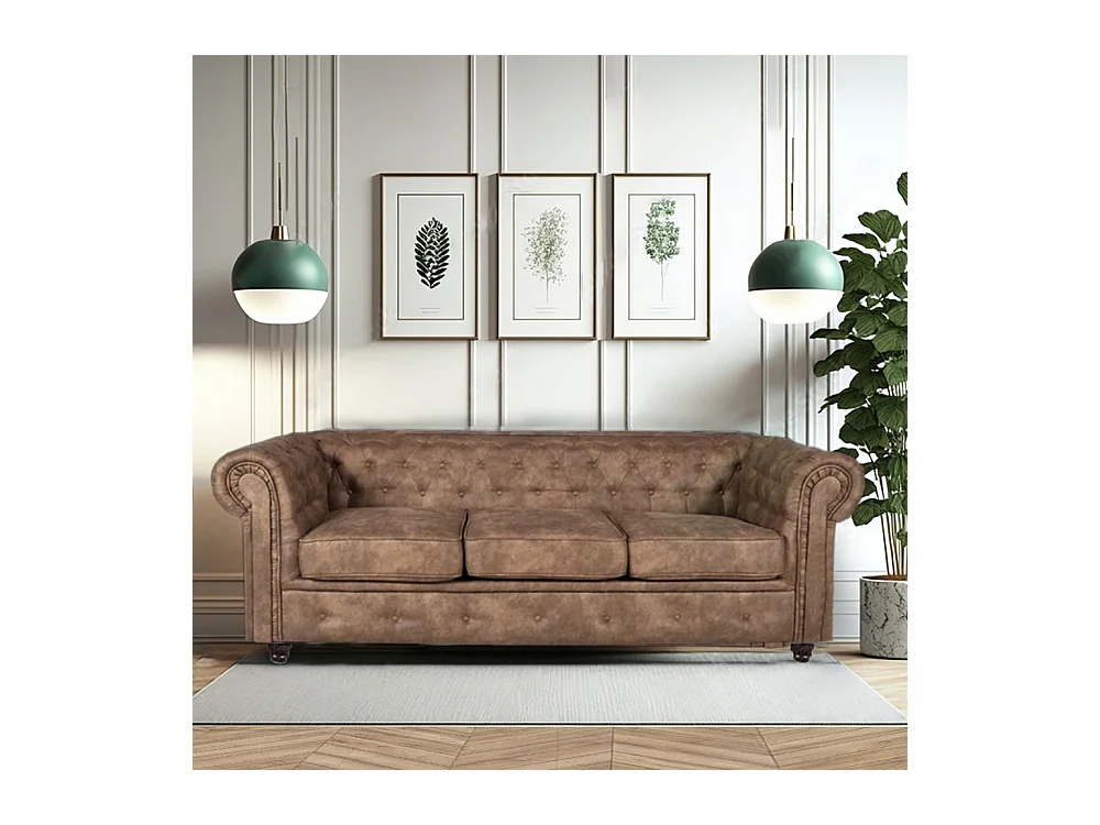 Canapé 3 places marron vieilli revêtement effet cuir capitonné 213x85x72cm FEILD